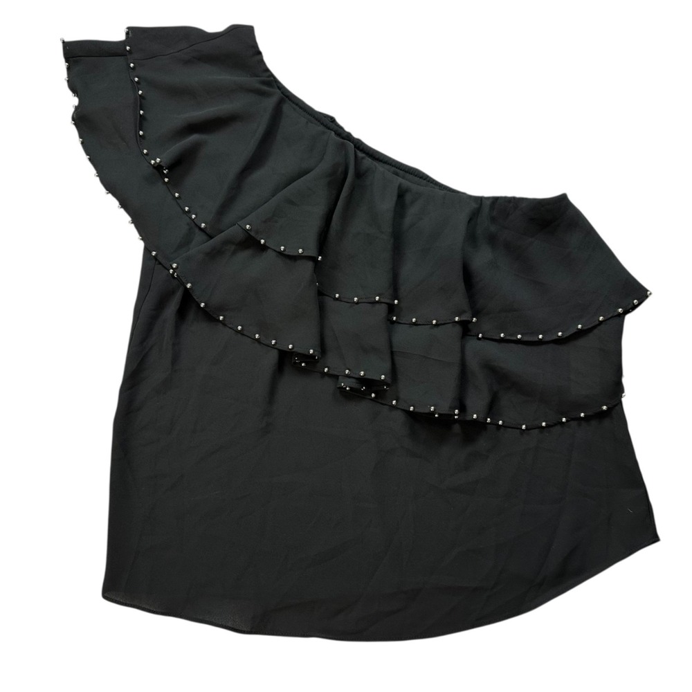AQUA Ruffle One-Shoulder Blouse Black Studded Silver Trim Women's Small NWT